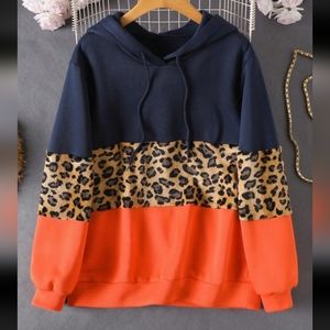 Frenchy Plus Leopard Print Colorblock Drawstring Hoodie XL 1x